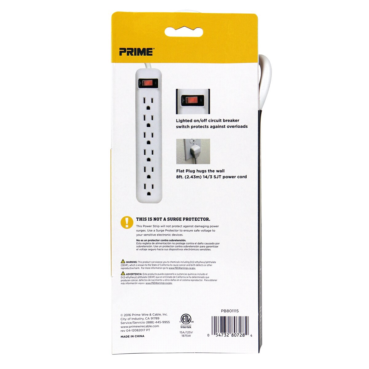 slide 2 of 2, Prime Wire & Cable Prime 6-Outlet White Power Strip, 8 ft