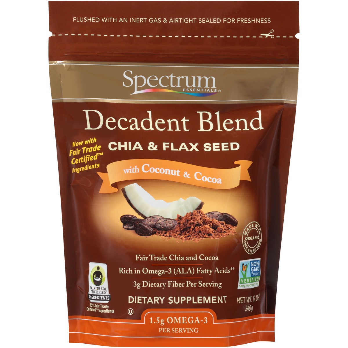 slide 6 of 8, Spectrum Essentials Decadent Blend Chia & Flax Seed with Coconut & Cocoa Dietary Supplement 12 oz. Pouch, 12 oz