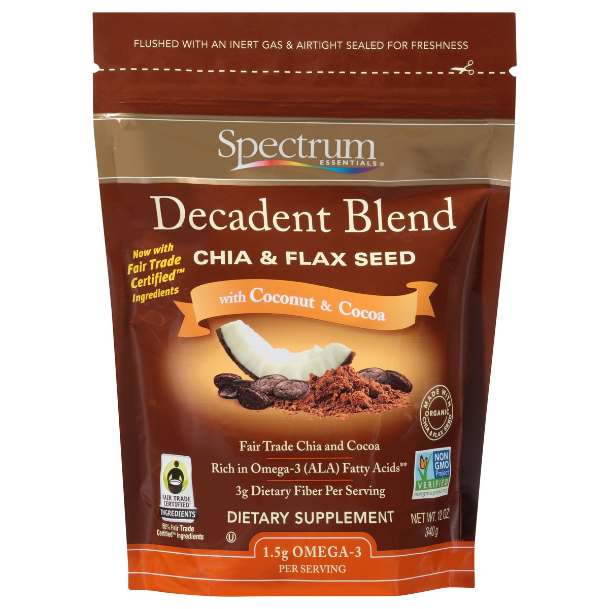 slide 8 of 8, Spectrum Essentials Decadent Blend Chia & Flax Seed with Coconut & Cocoa Dietary Supplement 12 oz. Pouch, 12 oz