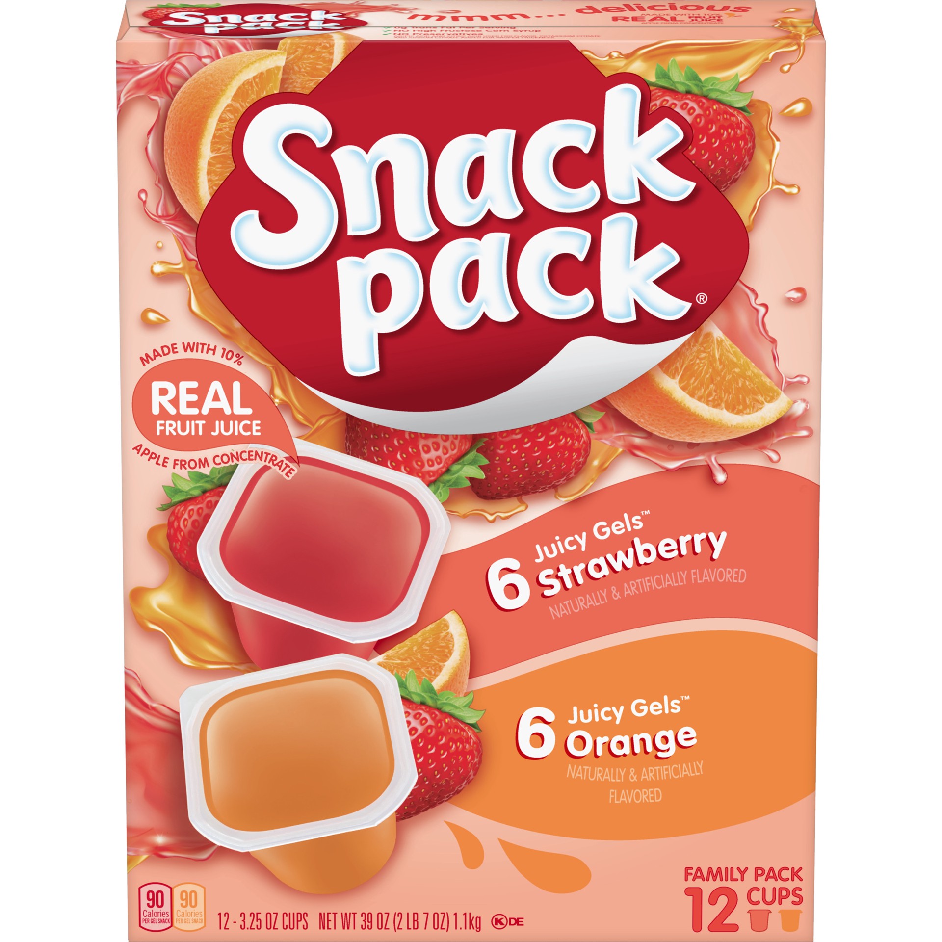 slide 1 of 5, SNACK PACK Strawberry and Orange Juicy Gels Cups Family Pack, 3.25-oz. Cups 12-Count, 39 oz