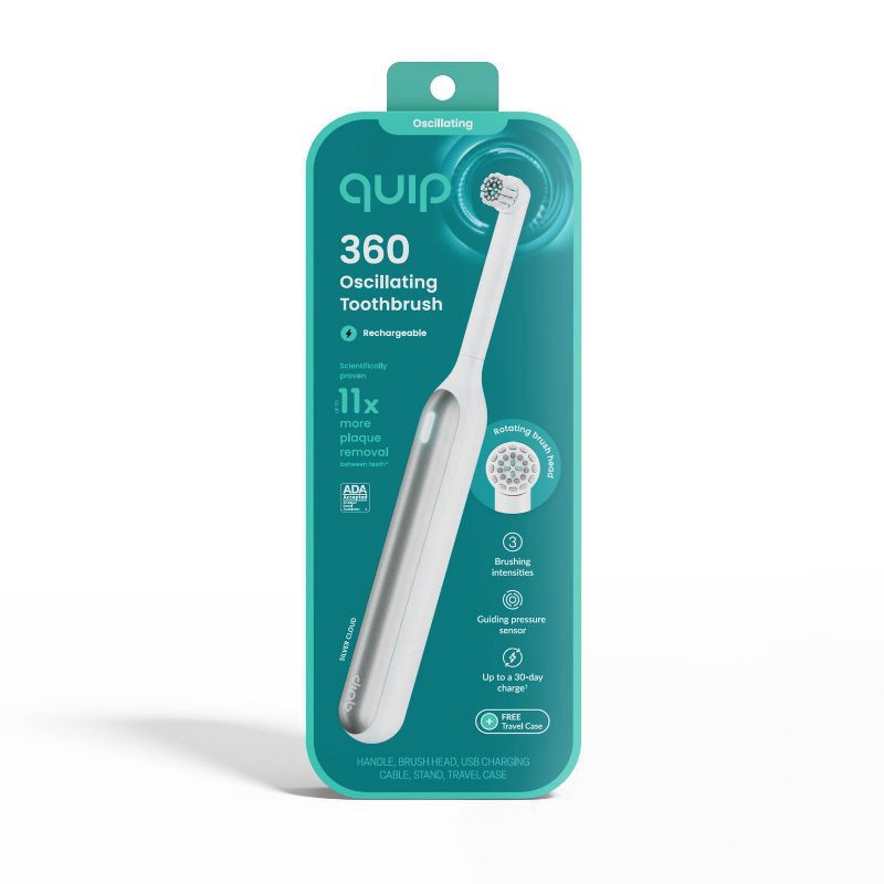 slide 11 of 18, quip Oscillating 360 Toothbrush - White/Silver, 1 ct