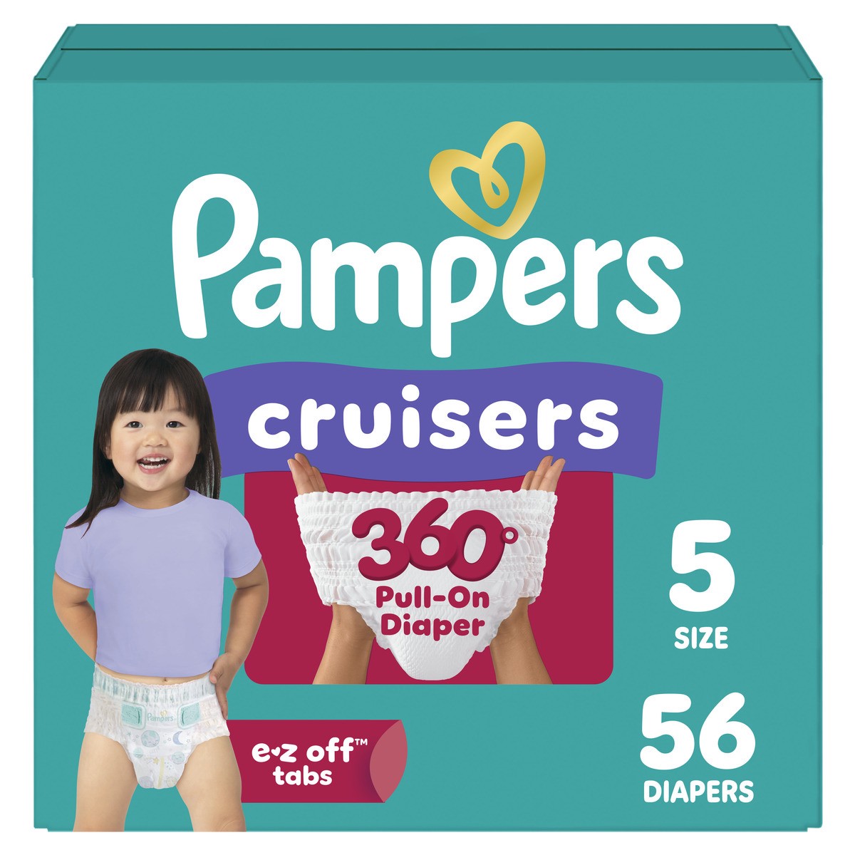 slide 1 of 8, Pampers Diapers - Cruisers 360° - Size 5, 56 Count, up to 100% Leakproof Fit, Designed for Active Babies, Pull On Diaper, EZ Off Tabs Designed for Easy Changes, 56 ct