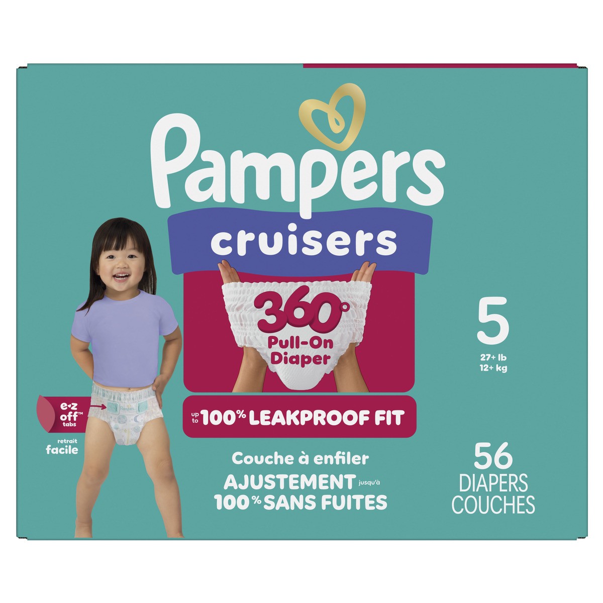slide 1 of 8, Pampers Diapers - Cruisers 360° - Size 5, 56 Count, up to 100% Leakproof Fit, Designed for Active Babies, Pull On Diaper, EZ Off Tabs Designed for Easy Changes, 56 ct