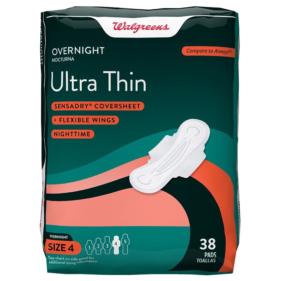 slide 1 of 5, Walgreens Ultra Thin Overnight Pads With Flexible Wings, 38 ct