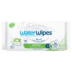 WaterWipes Sensitive+ Hydrating Boost Wipes, 3-in-1 Cleans, Cares, Hydrates, 99% Water with Aloe Vera, Unscented & Hypoallergenic Baby Wipes, 60 ct