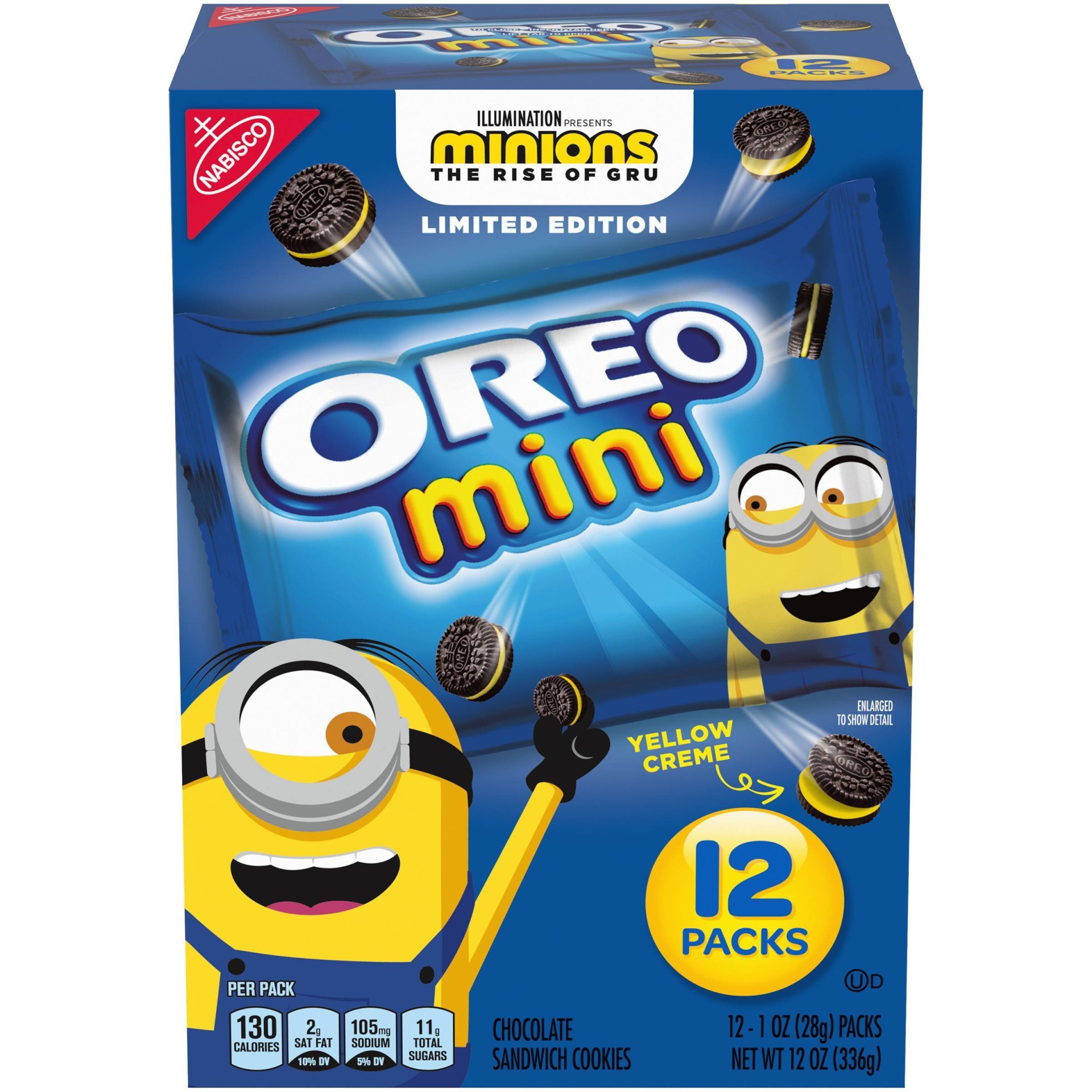 slide 1 of 1, Oreo Minions Mini Chocolate Sandwich Cookies Snack Packs Limited Edition, 12 ct; 1 oz