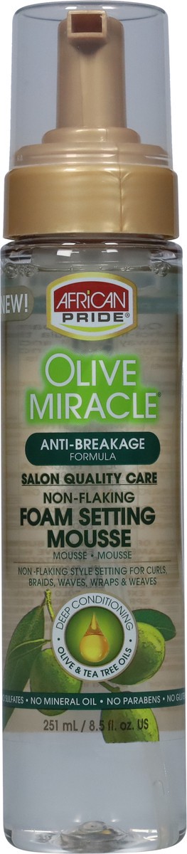 slide 6 of 9, African Pride Olive Miracle Anti-Breakage Non-Flaking Olive & Tea Tree Oils Foam Setting Mousse 8.5 fl oz, 8.5 fl oz