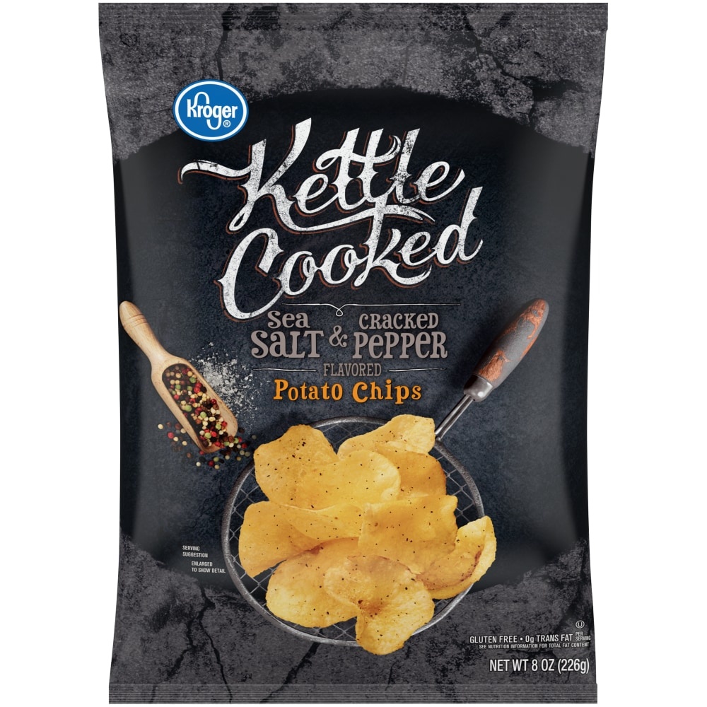 slide 1 of 1, Kroger Kettle Cooked Sea Salt & Cracked Pepper Potato Chips, 8 oz