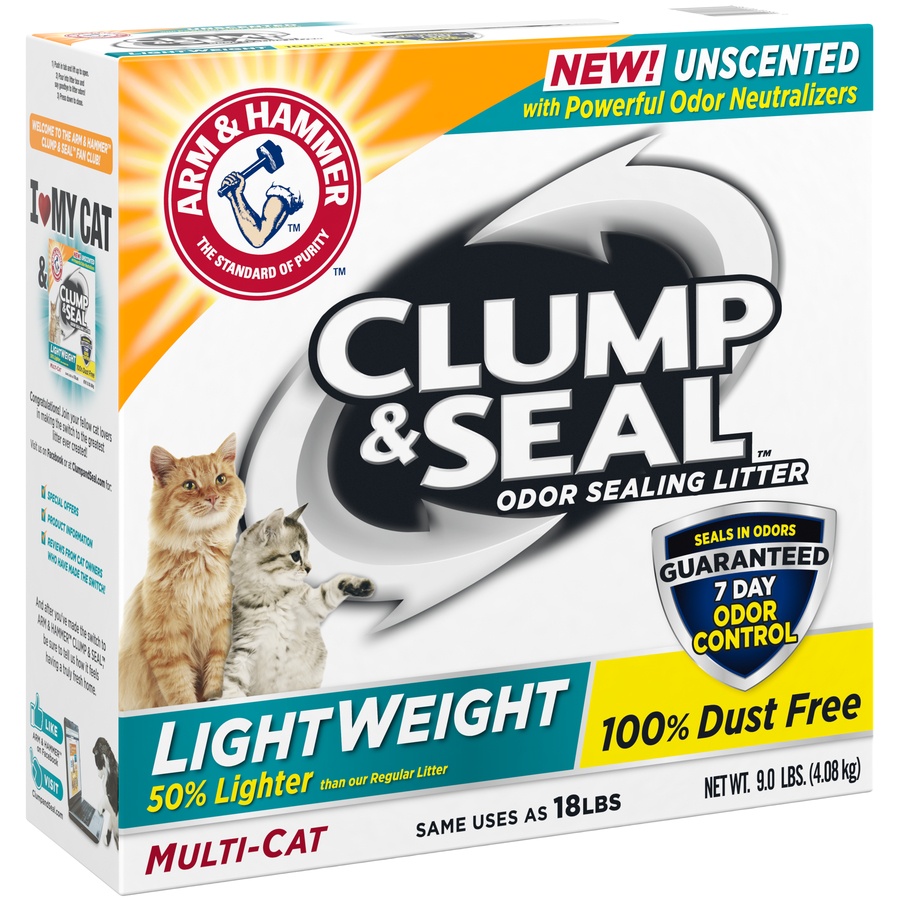 slide 2 of 4, ARM & HAMMER Clump & Seal Unscented Lightweight Clumping Cat Litter, 9 lb