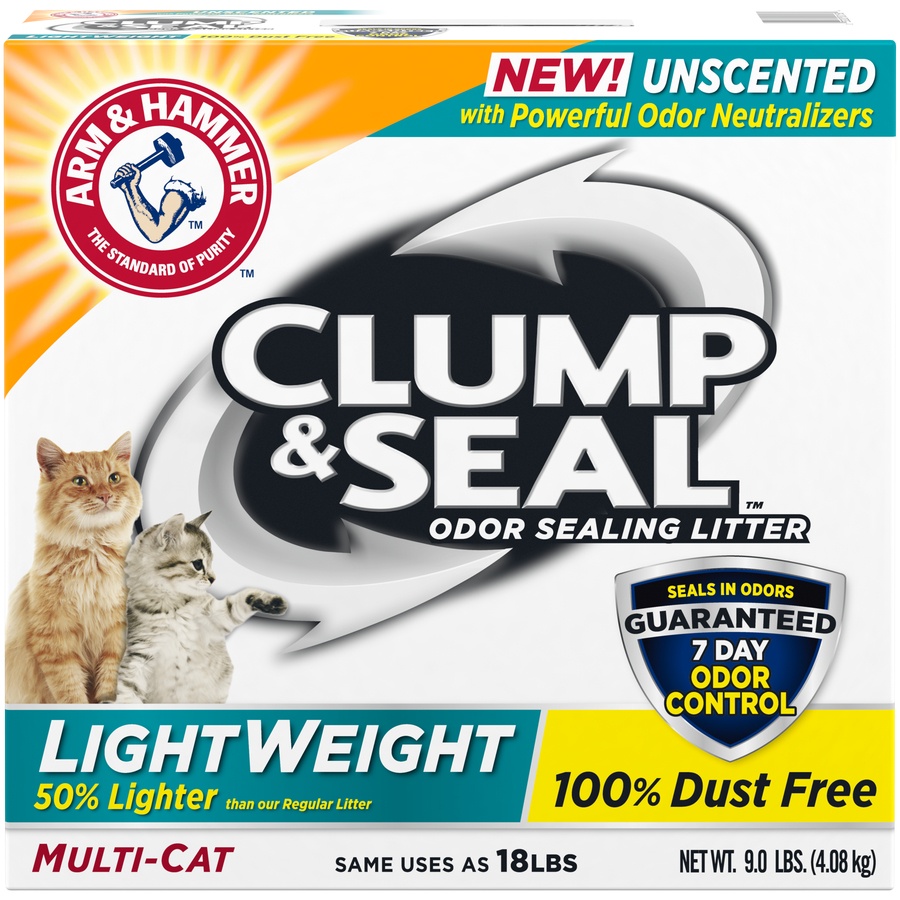 slide 1 of 4, ARM & HAMMER Clump & Seal Unscented Lightweight Clumping Cat Litter, 9 lb