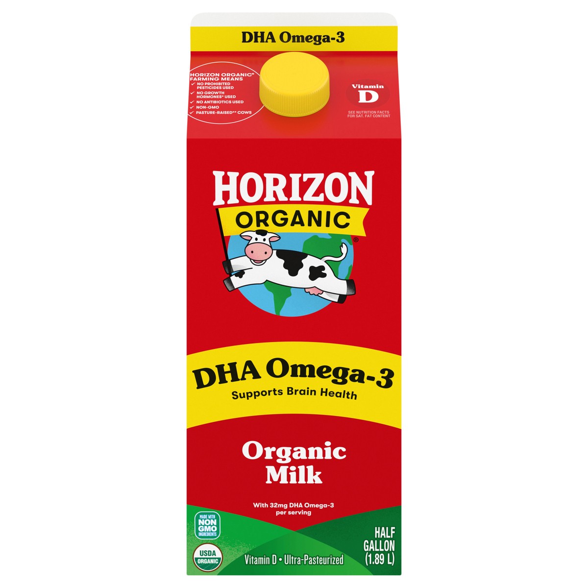 slide 1 of 12, Horizon Organic DHA Omega-3 Milk, DHA Milk, 64 FL OZ Half Gallon Carton, 1/2 gal