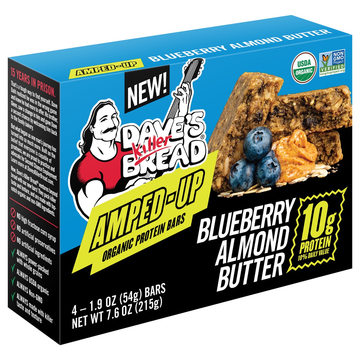 slide 5 of 9, Dave's Killer Bread Amped-Up Blueberry Almond Butter Organic Protein Bars, 4 Count, 4 ct