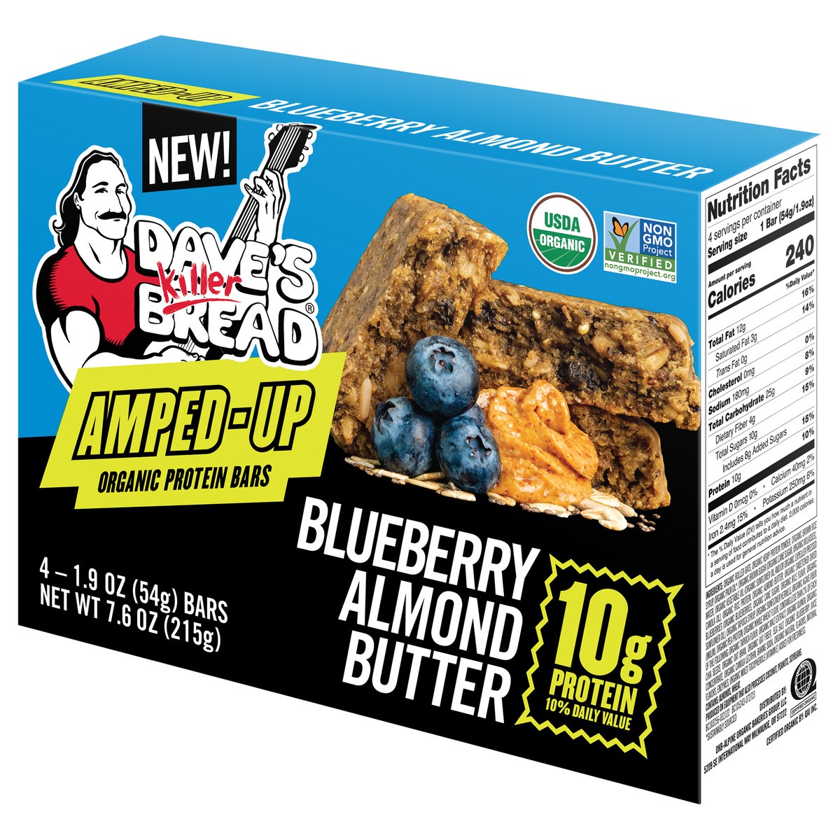 slide 6 of 9, Dave's Killer Bread Amped-Up Blueberry Almond Butter Organic Protein Bars, 4 Count, 4 ct