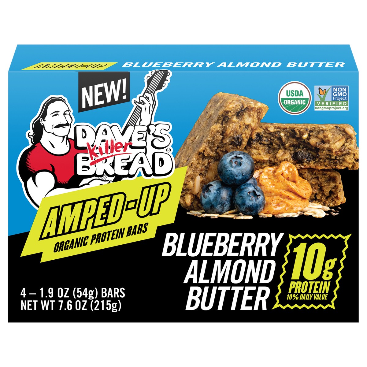 slide 1 of 9, Dave's Killer Bread Amped-Up Blueberry Almond Butter Organic Protein Bars, 4 Count, 4 ct