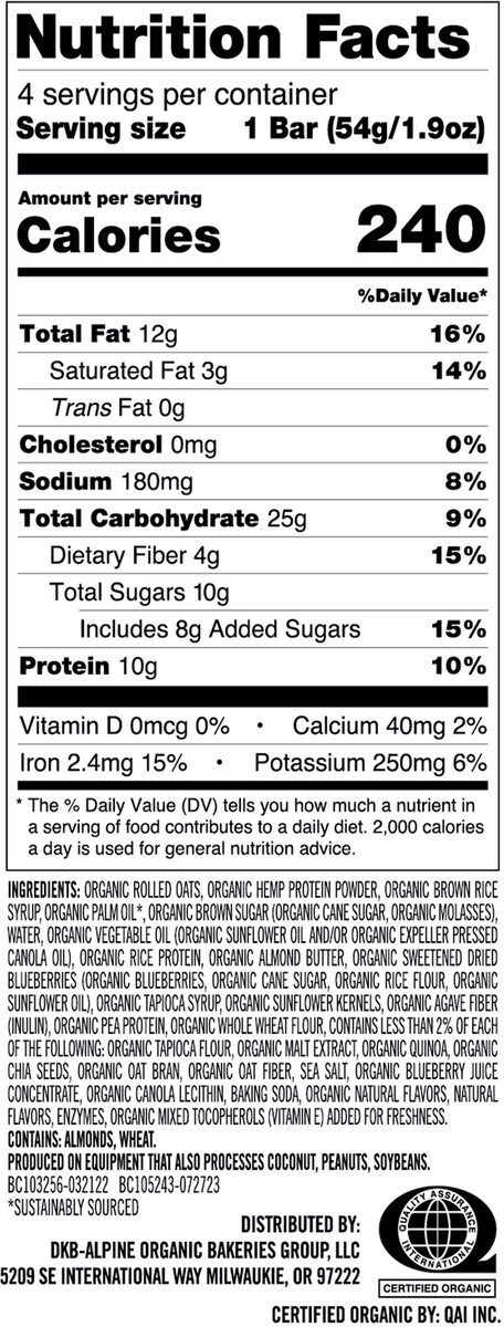 slide 9 of 9, Dave's Killer Bread Amped-Up Blueberry Almond Butter Organic Protein Bars, 4 Count, 4 ct