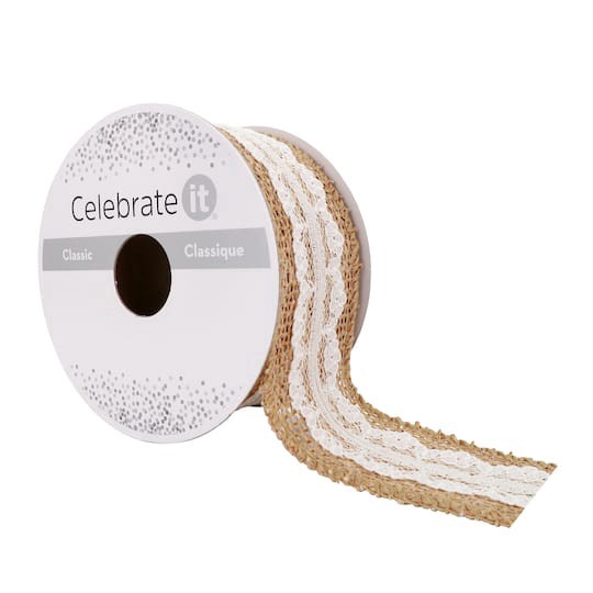 slide 1 of 4, 1.5" X 3yd. Faux Burlap & Lace Wired Ribbon By Celebrate It Classic, 1.5 in x 3 yd
