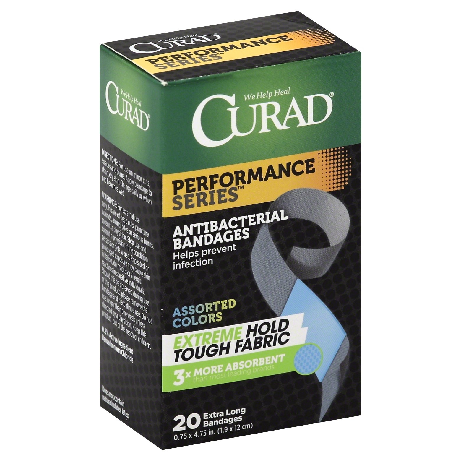 slide 1 of 1, Curad Performance Series Extra Long Antibacterial Bandage Extreme Hold, 20 ct