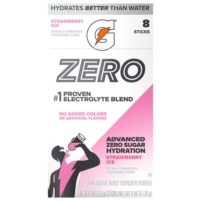 slide 1 of 3, Gatorade Zero Zero Sugar Thirst Quencher Powder Strawberry Ice 0.12 Oz X 8, 8 ct