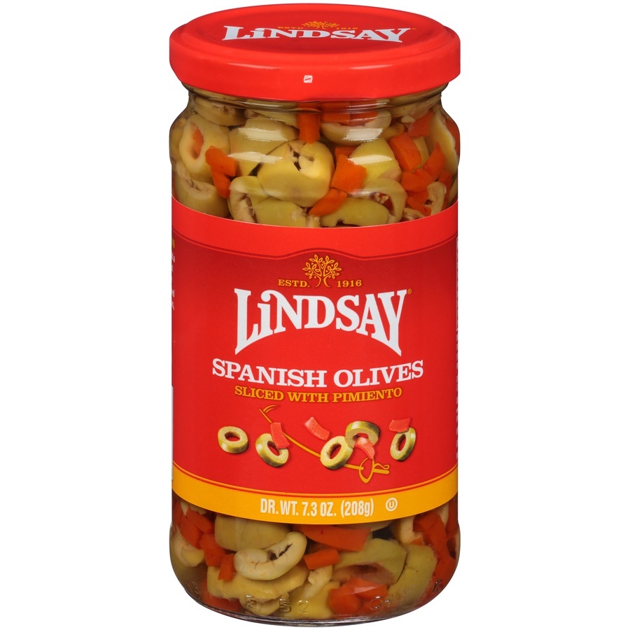 slide 1 of 6, Lindsay Sliced Spanish Olives With Pimiento, 7.3 oz