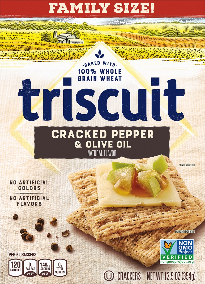 slide 7 of 9, Triscuit Cracked Pepper & Olive Oil Whole Grain Wheat Crackers, Family Size, 12.5 oz, 12.5 oz