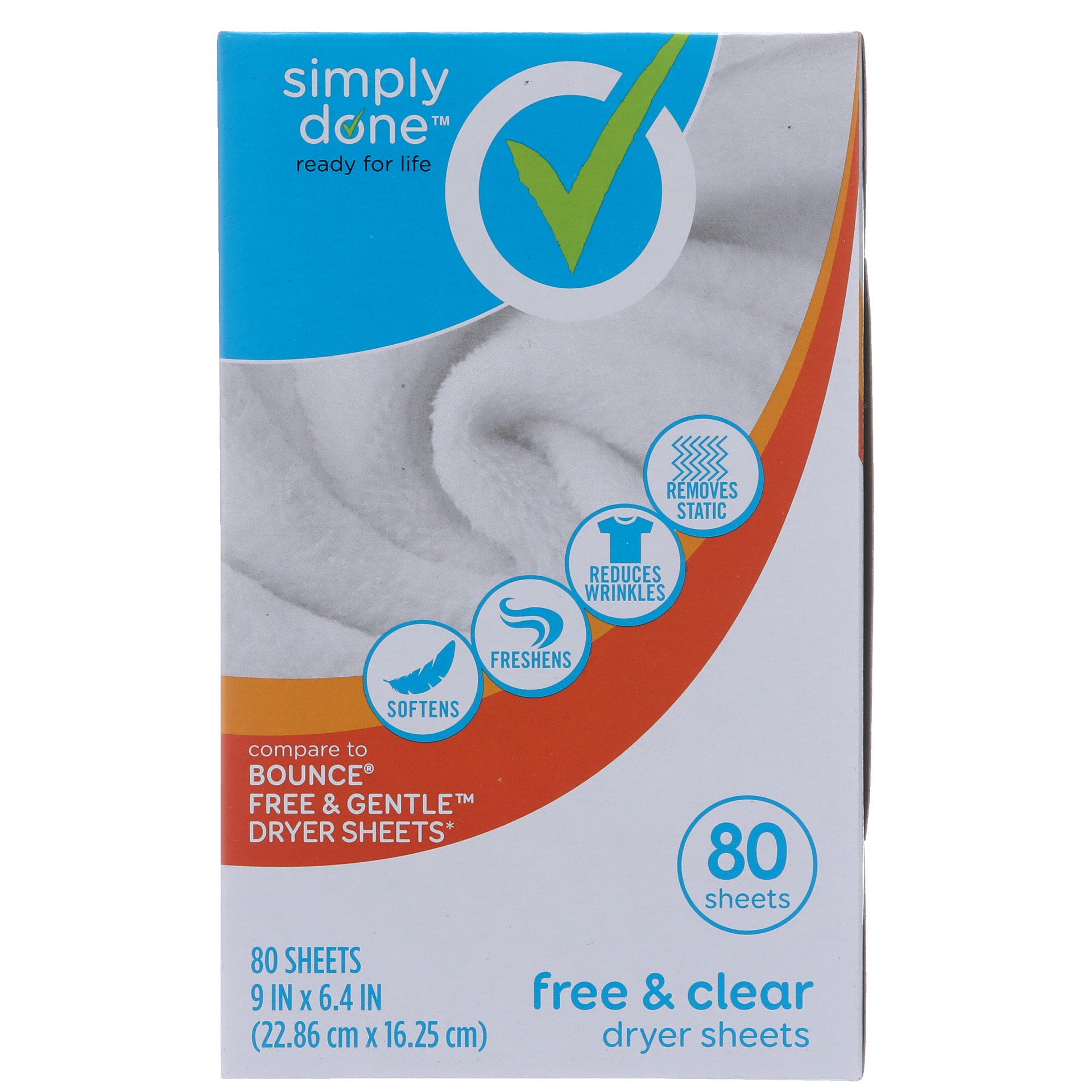 slide 1 of 6, Simply Done Free Clear Dryer Sheets, 80 ct