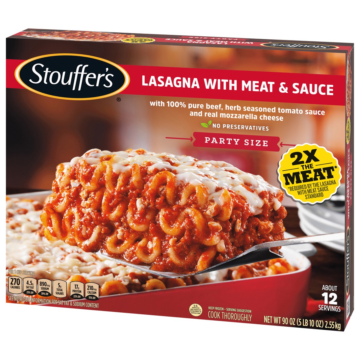 slide 7 of 13, Stouffer's Frozen Lasagna with Meat & Sauce Party Size - 90oz, 90 oz