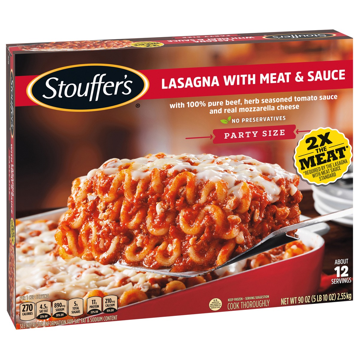 slide 9 of 13, Stouffer's Frozen Lasagna with Meat & Sauce Party Size - 90oz, 90 oz