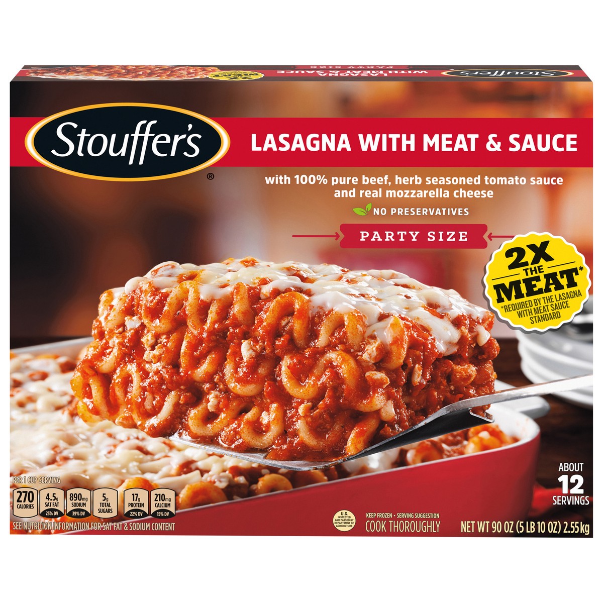 slide 1 of 13, Stouffer's Frozen Lasagna with Meat & Sauce Party Size - 90oz, 90 oz