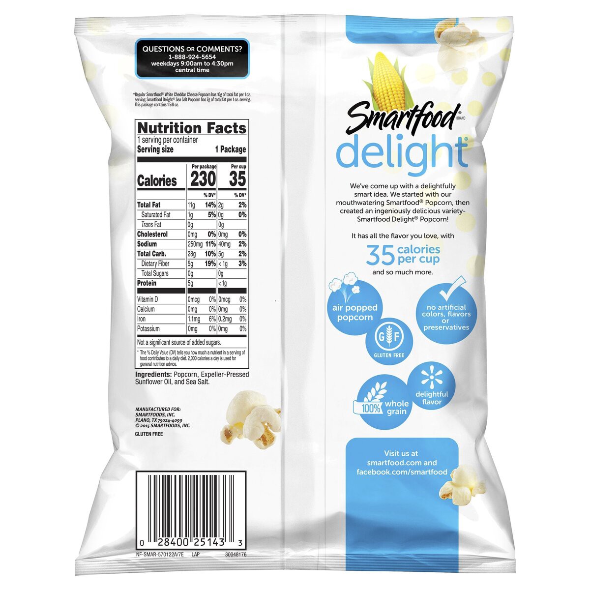 slide 3 of 8, Smartfood Delight Popcorn Sea Salt 1 - 5/8 Oz, 1.62 oz