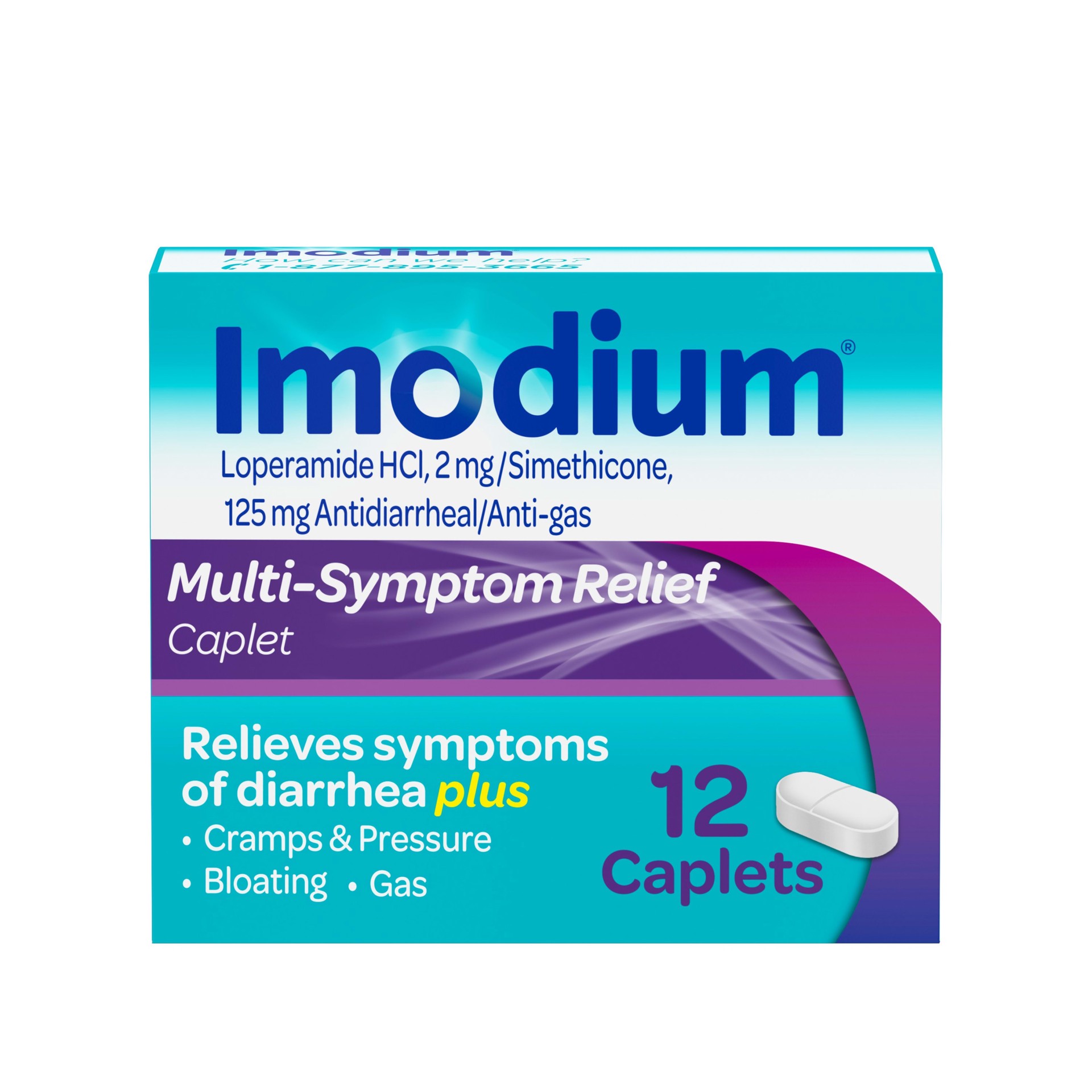 slide 1 of 9, Imodium Multi-Symptom Relief Caplets with Loperamide Hydrochloride and Simethicone, Anti-Diarrheal Medicine for Treatment of Diarrhea, Gas, Bloating, Cramps & Pressure, 12 ct., 12 ct