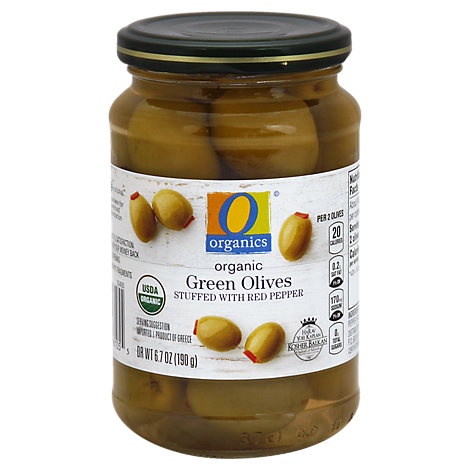 slide 1 of 1, O Organics Organic Olives Green Stuffed With Red Pepper, 6.7 oz