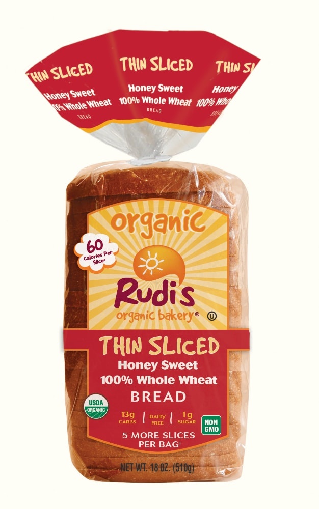 slide 1 of 1, Rudi's Organic Bakery Thin Sliced Honey Sweet Whole Wheat Bread, 18 oz