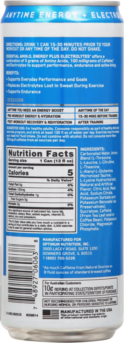 slide 2 of 9, Optimum Nutrition Essential Amin.o. Energy Energy + Hydration Blueberry Lemonade Sparkling Hydration Drink 12 fl oz, 12 oz