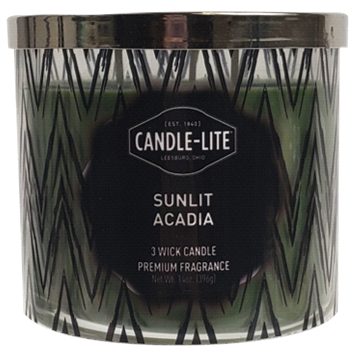 slide 1 of 1, Candle-Lite Sunlit Acadia 3-Wick Glass Jar Candle - Green, 14 oz