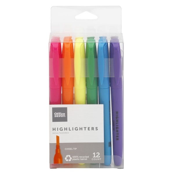 slide 1 of 1, Office Depot Brand 100% Recycled Pen-Style Highlighters, Assorted Colors, Pack Of 12, 12 ct