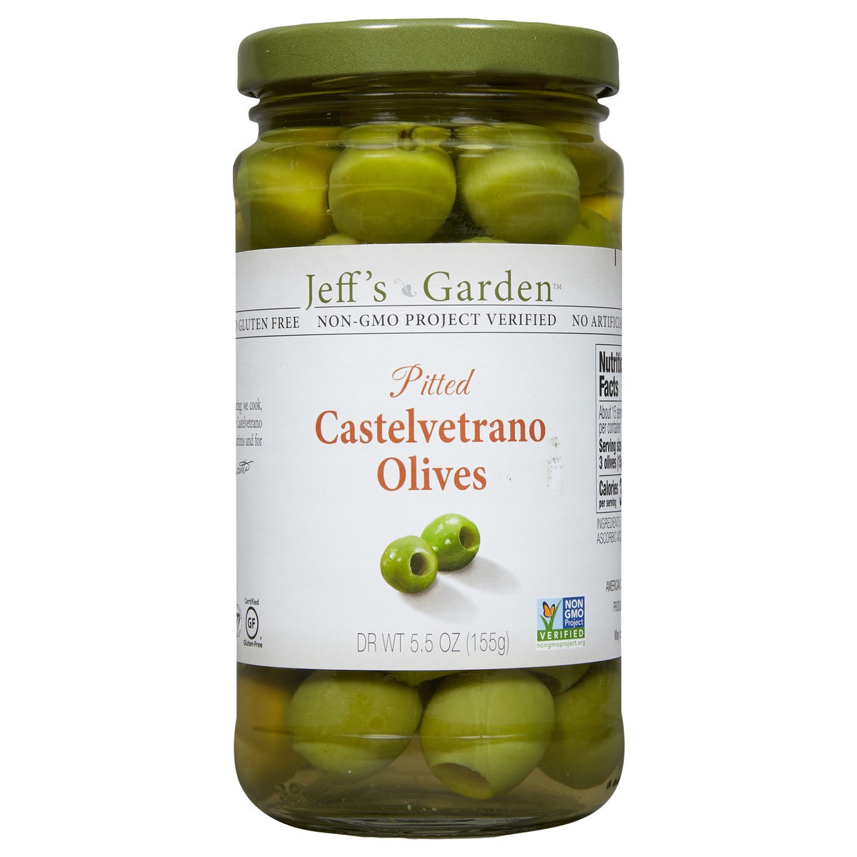 slide 1 of 7, Jeff's Garden Pitted Castelvetrano Olives, 5.5 oz Dr. Wt., 5.5 oz