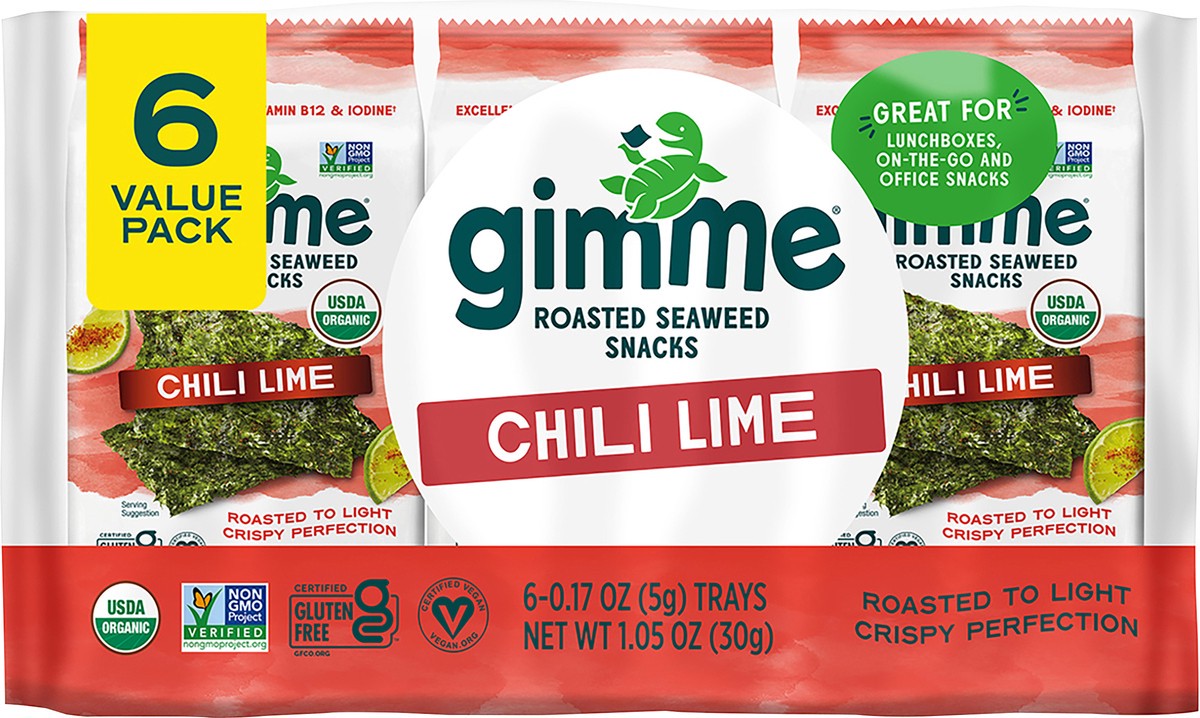 slide 4 of 7, gimMe Organic Roasted Chili Lime Seaweed Snacks Value Pack 6 - 0.17 oz Trays, 6 ct