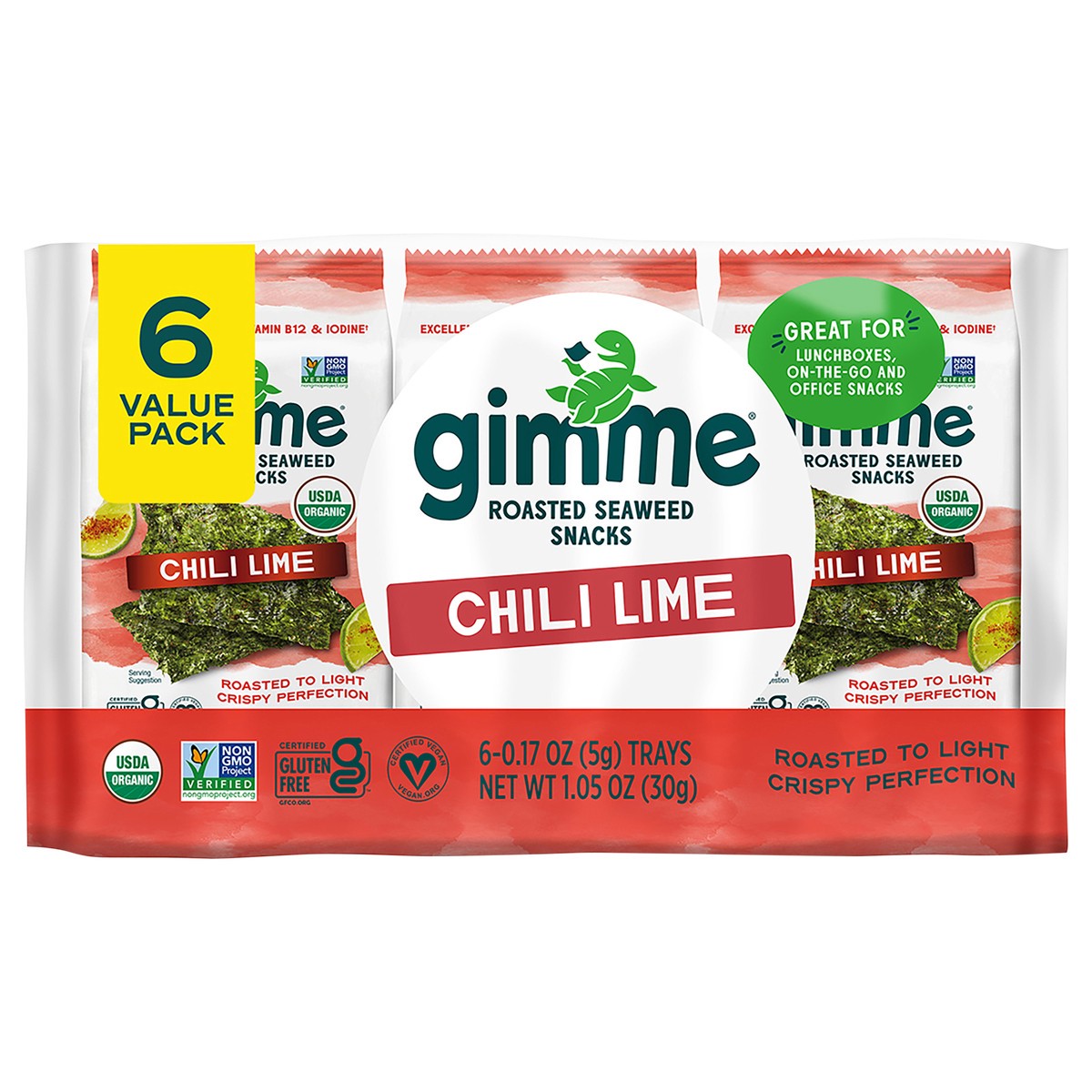 slide 1 of 7, gimMe Organic Roasted Chili Lime Seaweed Snacks Value Pack 6 - 0.17 oz Trays, 6 ct