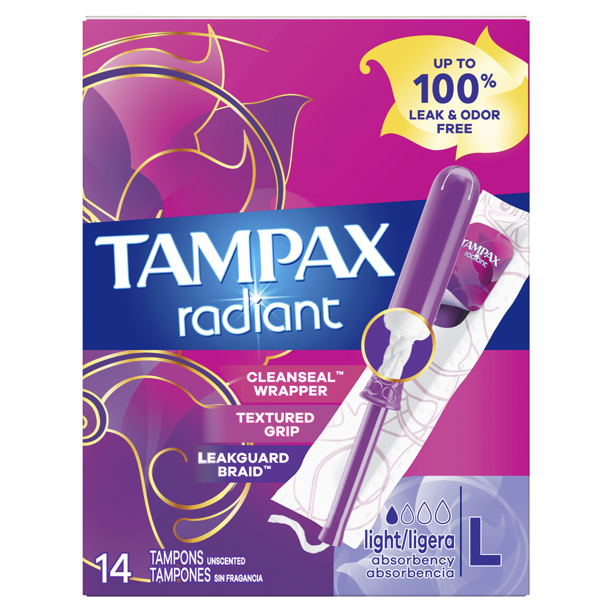 slide 1 of 1, Tampax Radiant Light Absorbency Unscented Tampons, 14 ct