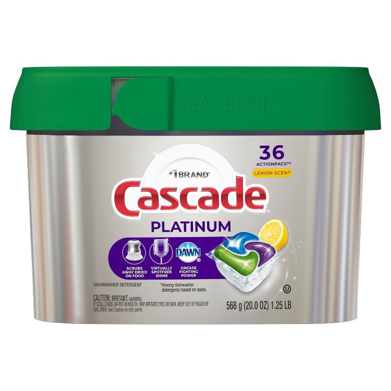 slide 1 of 6, Cascade Platinum ActionPacs Dishwasher Detergent, Lemon Scent, 36 ct