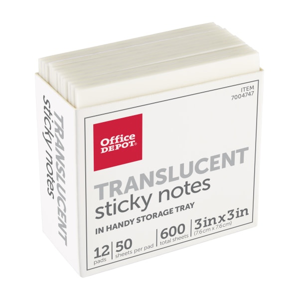 slide 1 of 3, Office Depot Brand Translucent Sticky Notes, With Storage Tray, 3" X 3", Clear, 50 Notes Per Pad, Pack Of 12 Pads, 12 ct