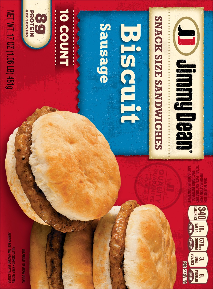 slide 2 of 14, Jimmy Dean Snack Size Biscuit Breakfast Sandwiches with Sausage, Frozen, 10 Count, 481.94 g