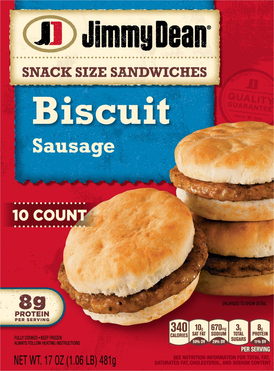 slide 3 of 14, Jimmy Dean Snack Size Biscuit Breakfast Sandwiches with Sausage, Frozen, 10 Count, 481.94 g