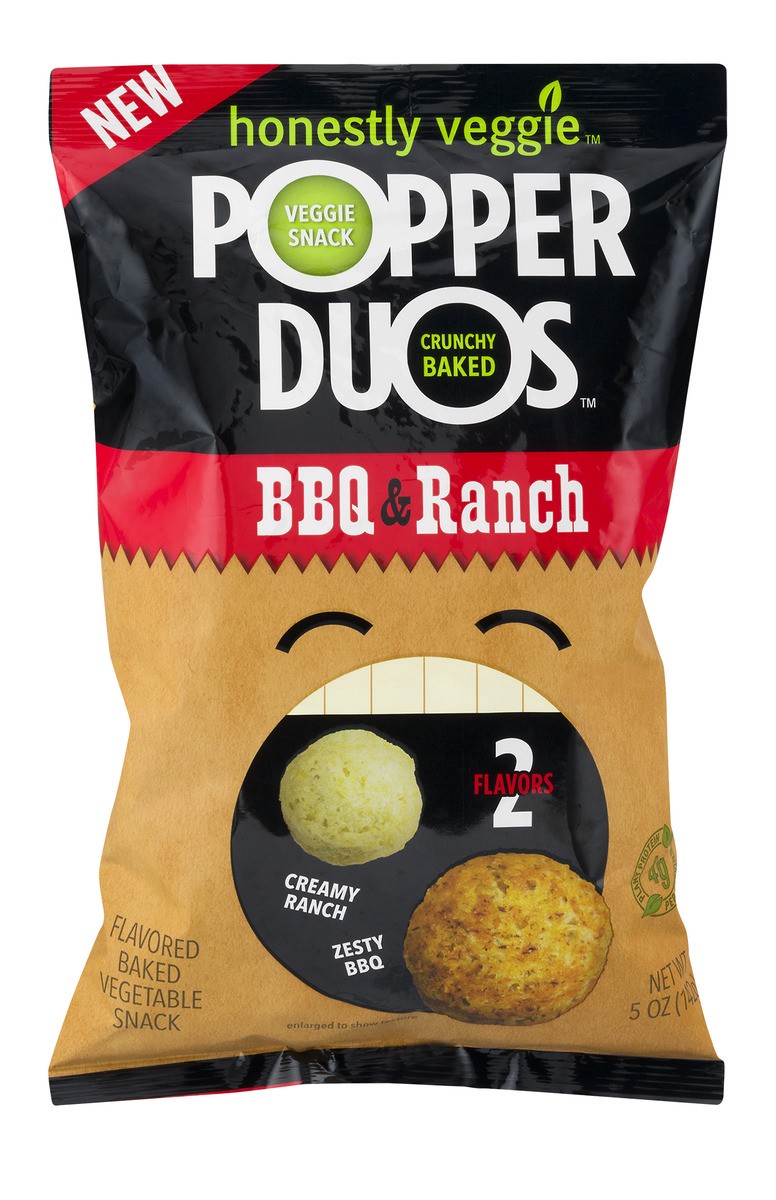 slide 1 of 11, Honestly Veggie Popper Duos BBQ & Ranch Flavored Baked Vegetable Snack, 5 oz