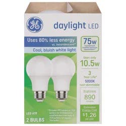 GE Cool Bluish White Light LED 10.5 Watts A19 Daylight Bulbs, 2 Each