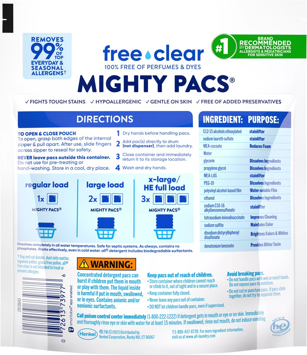 slide 2 of 3, All Mighty Pacs Laundry Detergent Pacs, Free Clear for Sensitive Skin, Unscented and Dye Free, 19 Count, 19 ct