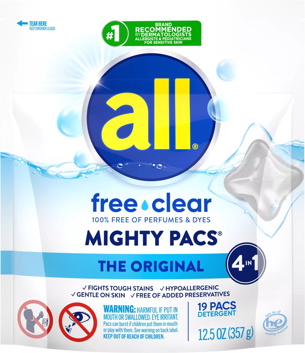 slide 3 of 3, All Mighty Pacs Laundry Detergent Pacs, Free Clear for Sensitive Skin, Unscented and Dye Free, 19 Count, 19 ct