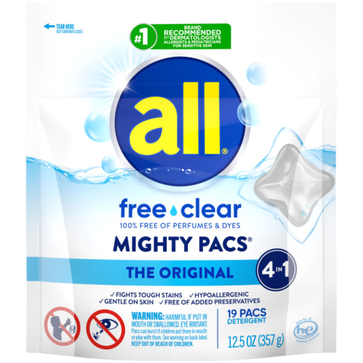 slide 1 of 3, All Mighty Pacs Laundry Detergent Pacs, Free Clear for Sensitive Skin, Unscented and Dye Free, 19 Count, 19 ct