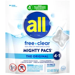 All Unit Dose Laundry Detergent, Mighty Pacs, Free Clear, 19 Count
