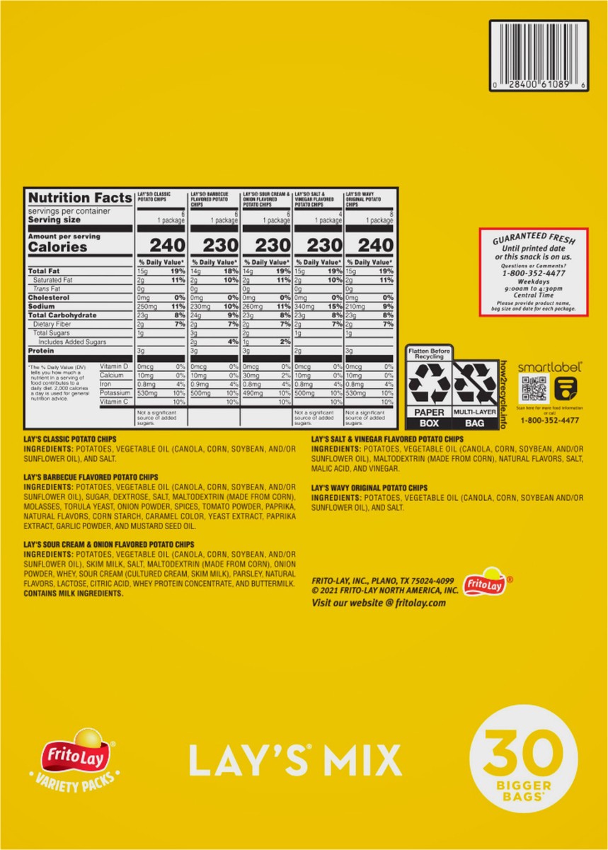 slide 2 of 14, Lay's Frito Lay Potato Chips Lay's Mix Variety Pack 1 1/2 Oz 30 Count, 30 ct